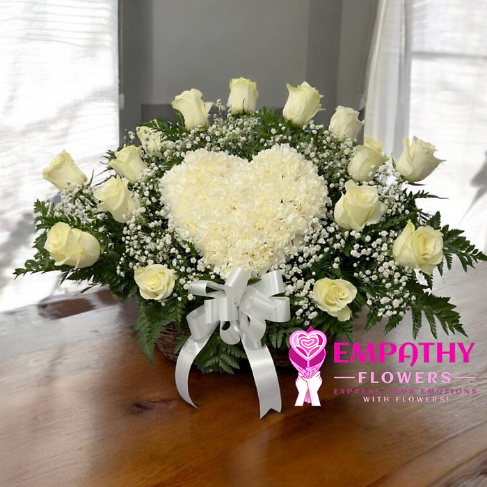 White Heart Shaped Sympathy Funeral Basket